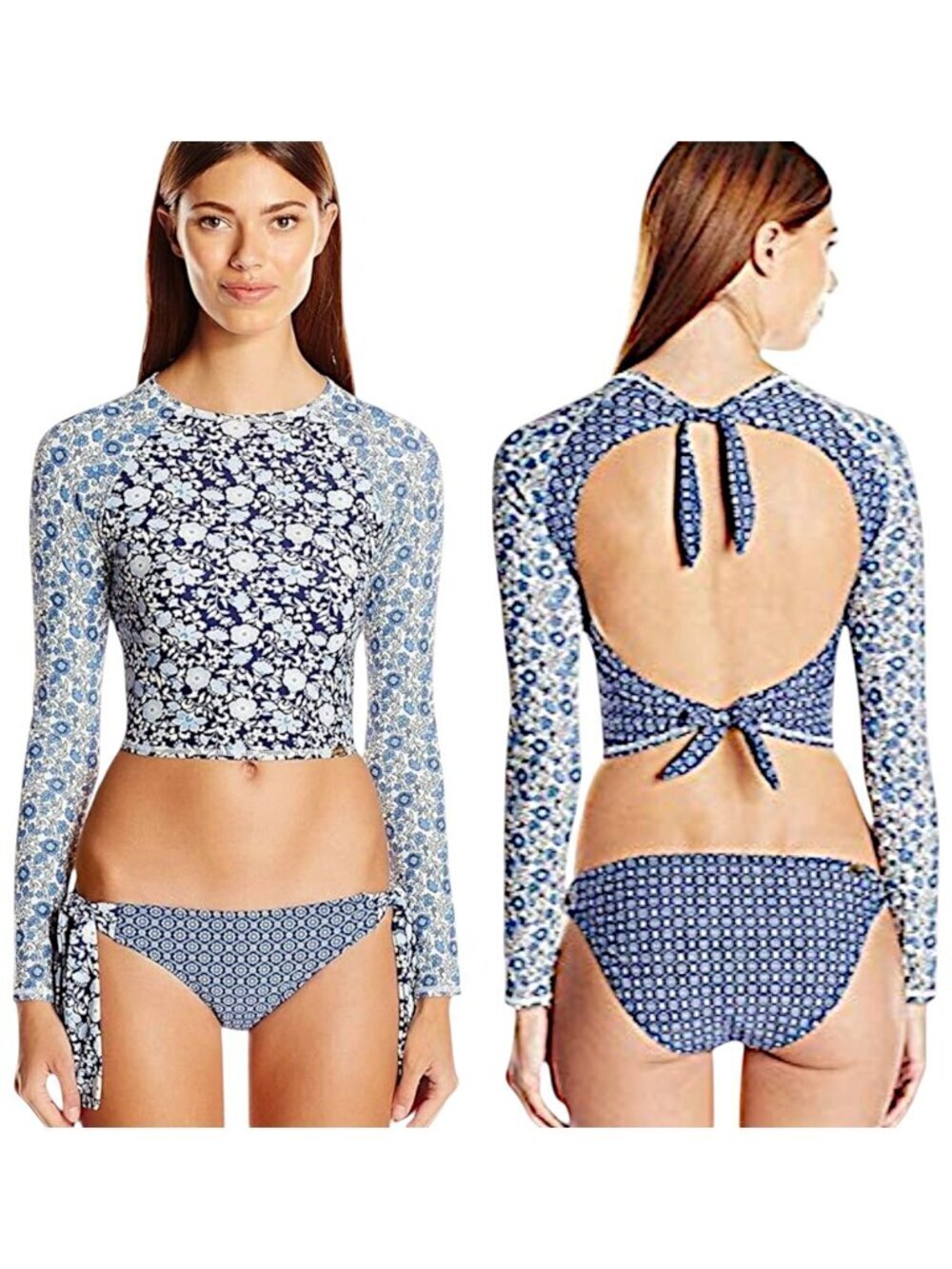 Jessica Simpson Patched Up Ditzy Rash Guard Open Back Knot Peri Multi NWT New S